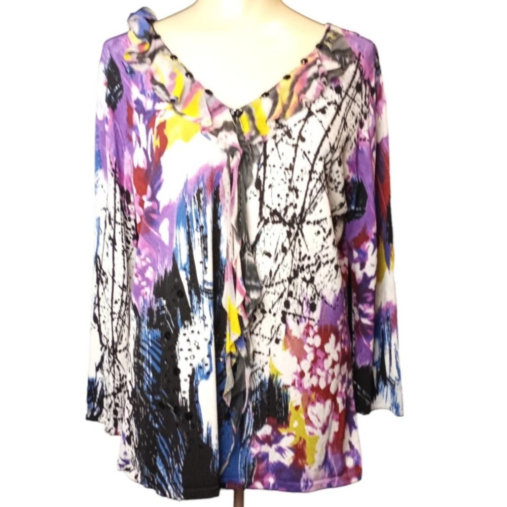 ALBERTO MAKALI Abstract Multi-Color Ruffled  Knit Top XL